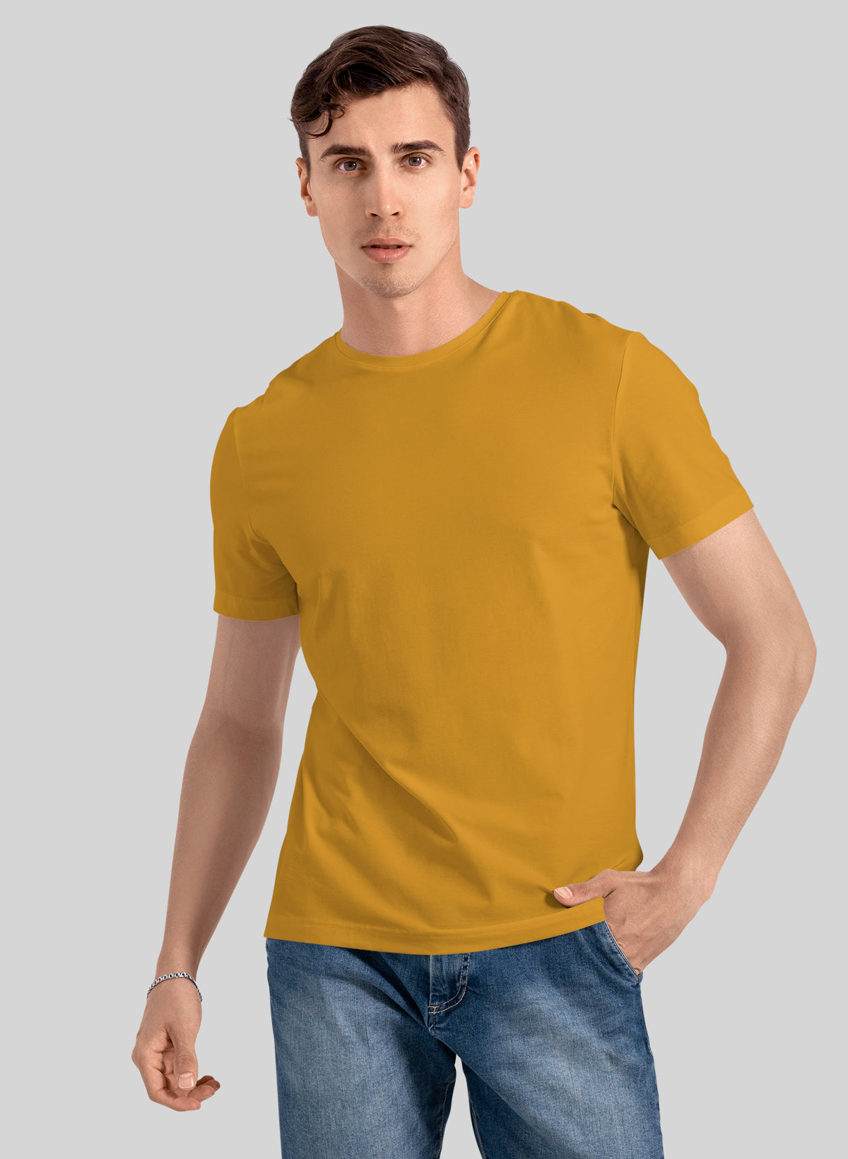 YELLOW COTTON CREW NECK SOLID T-SHIRT