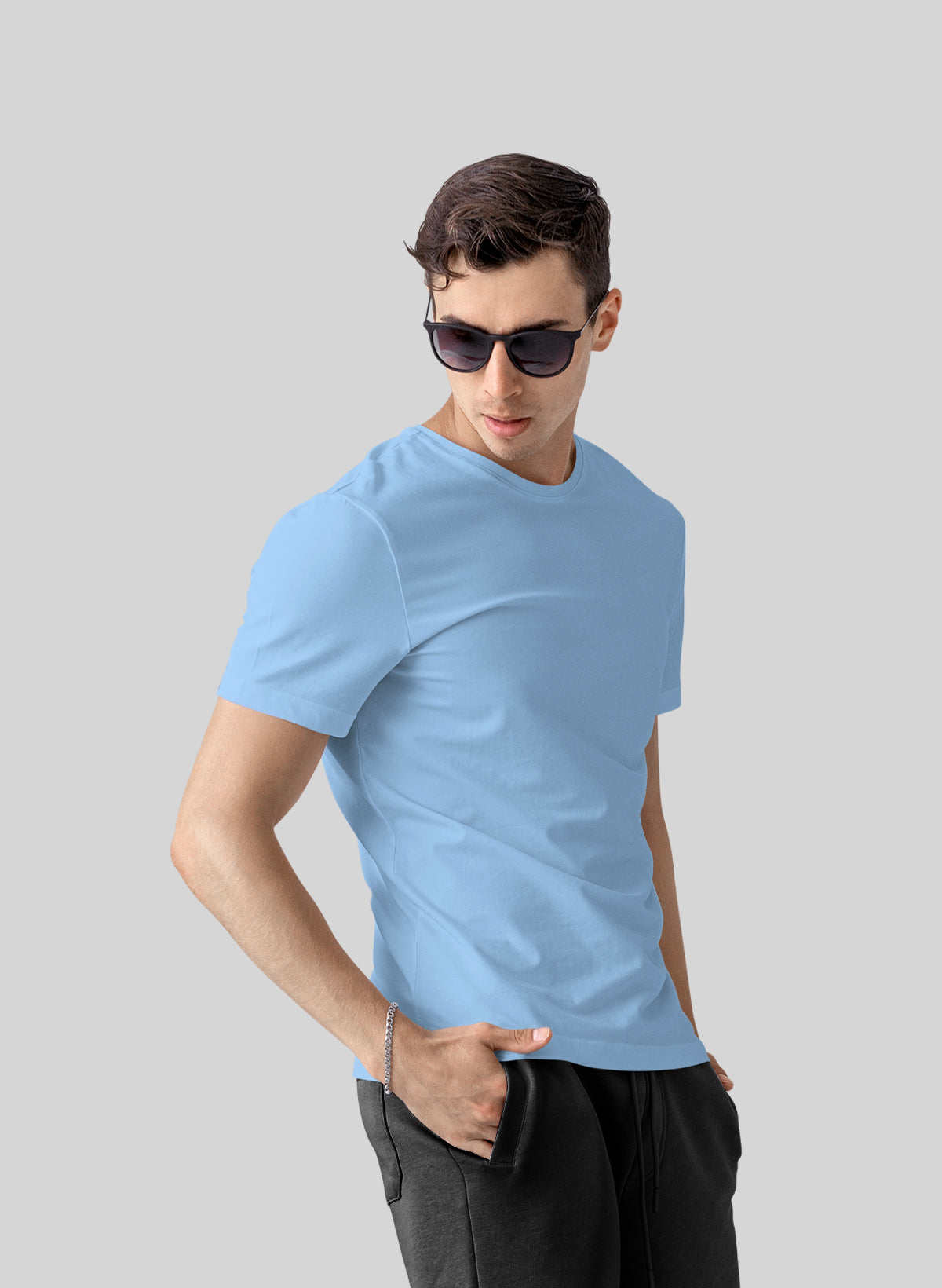 BABY BLUE COTTON CREW NECK SOLID T-SHIRT