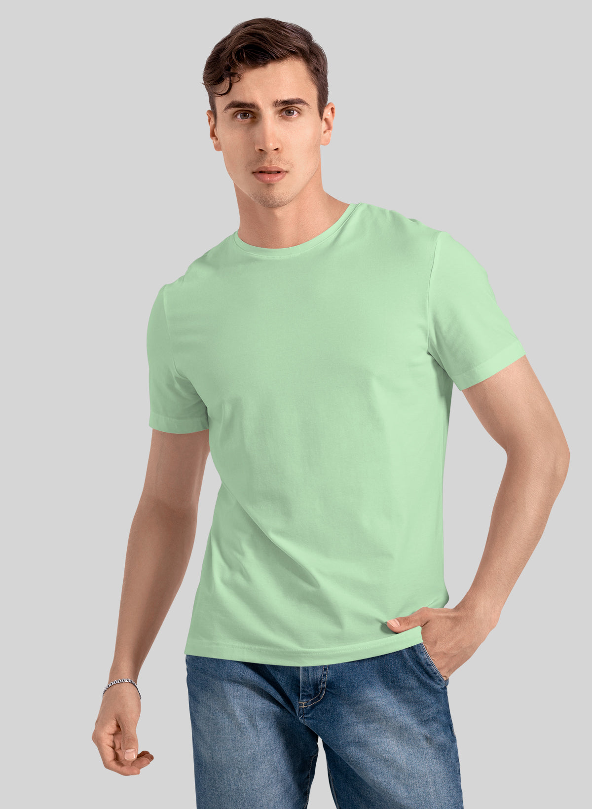 SOFT GREEN COTTON CREW NECK SOLID T-SHIRT