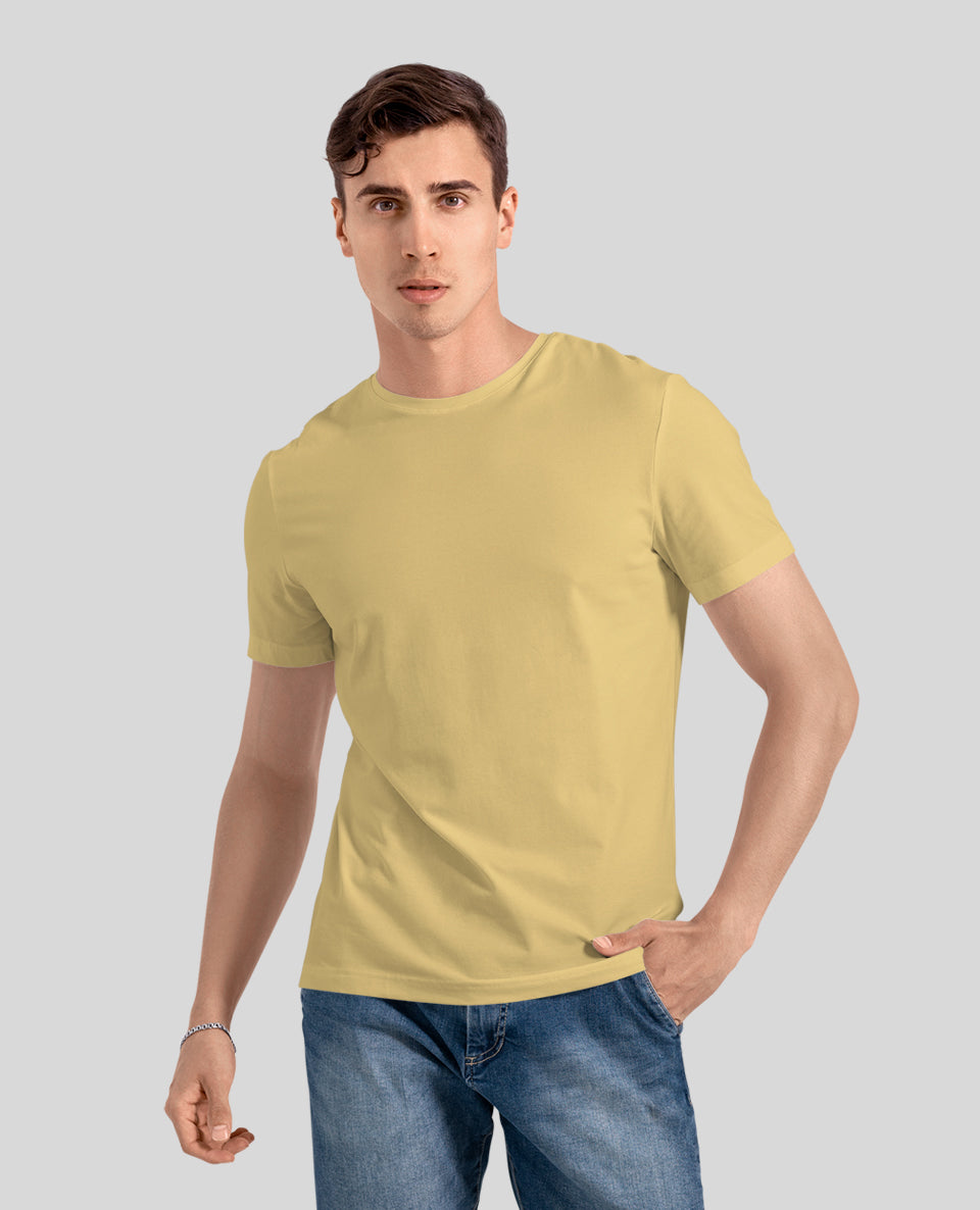 BEIGE COTTON CREW NECK SOLID T-SHIRT