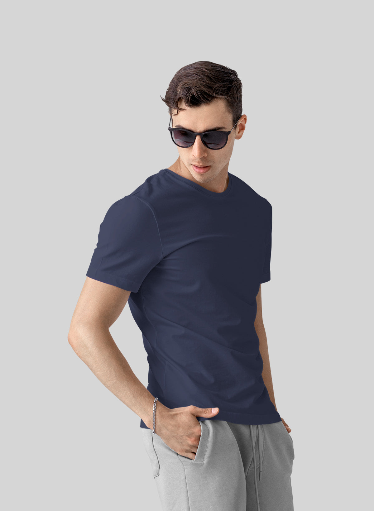 NAVY BLUE COTTON CREW NECK SOLID T-SHIRT