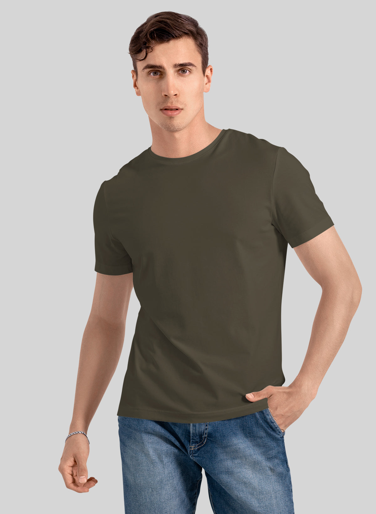 OLIVE GREEN COTTON CREW NECK SOLID T-SHIRT