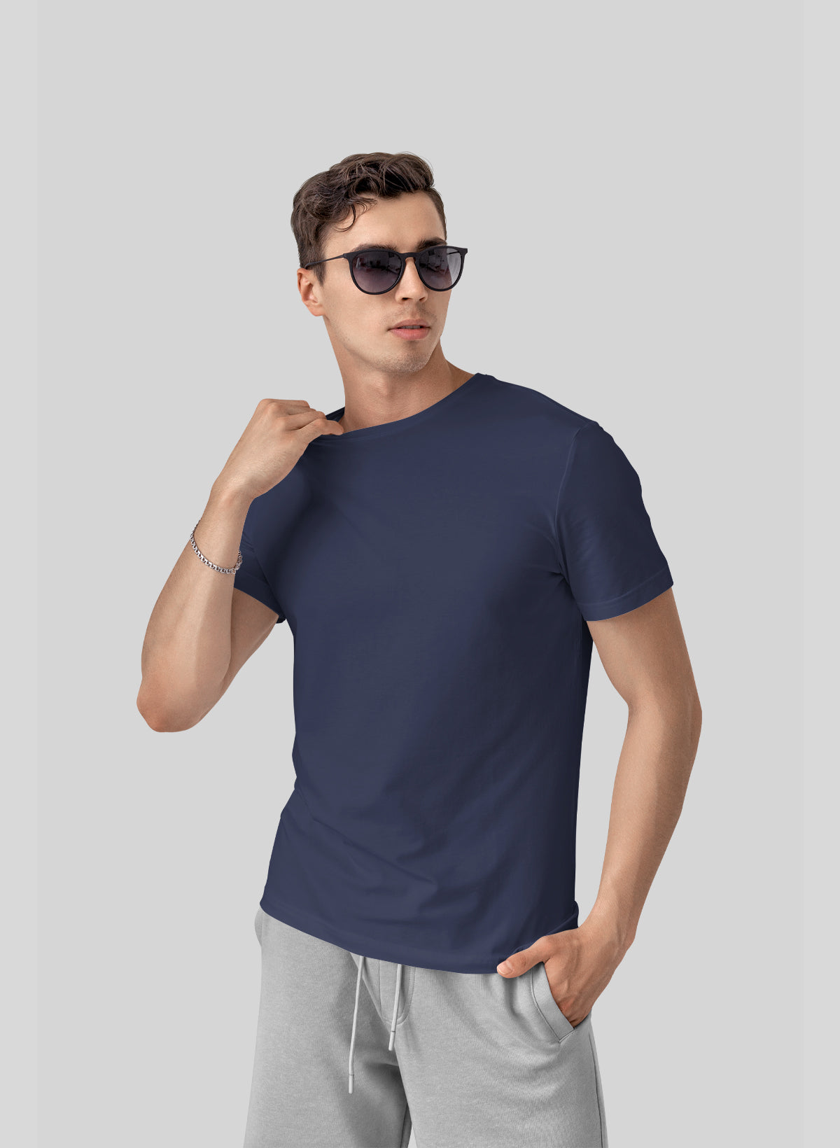 NAVY BLUE COTTON CREW NECK SOLID T-SHIRT