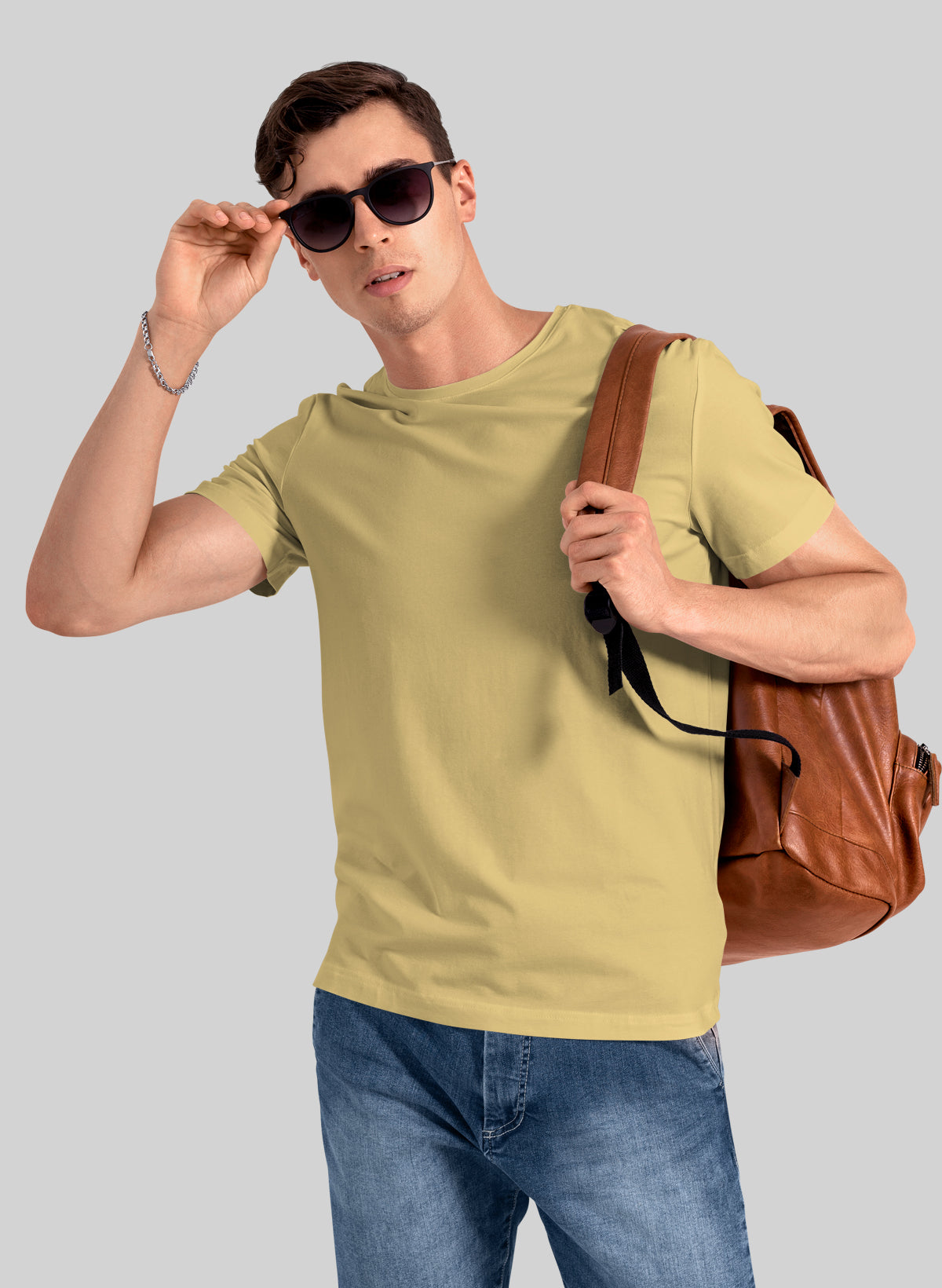 BEIGE COTTON CREW NECK SOLID T-SHIRT