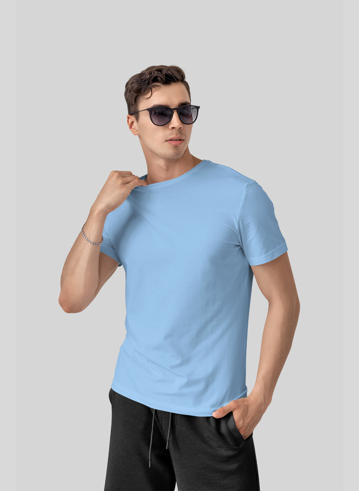 BABY BLUE COTTON CREW NECK SOLID T-SHIRT