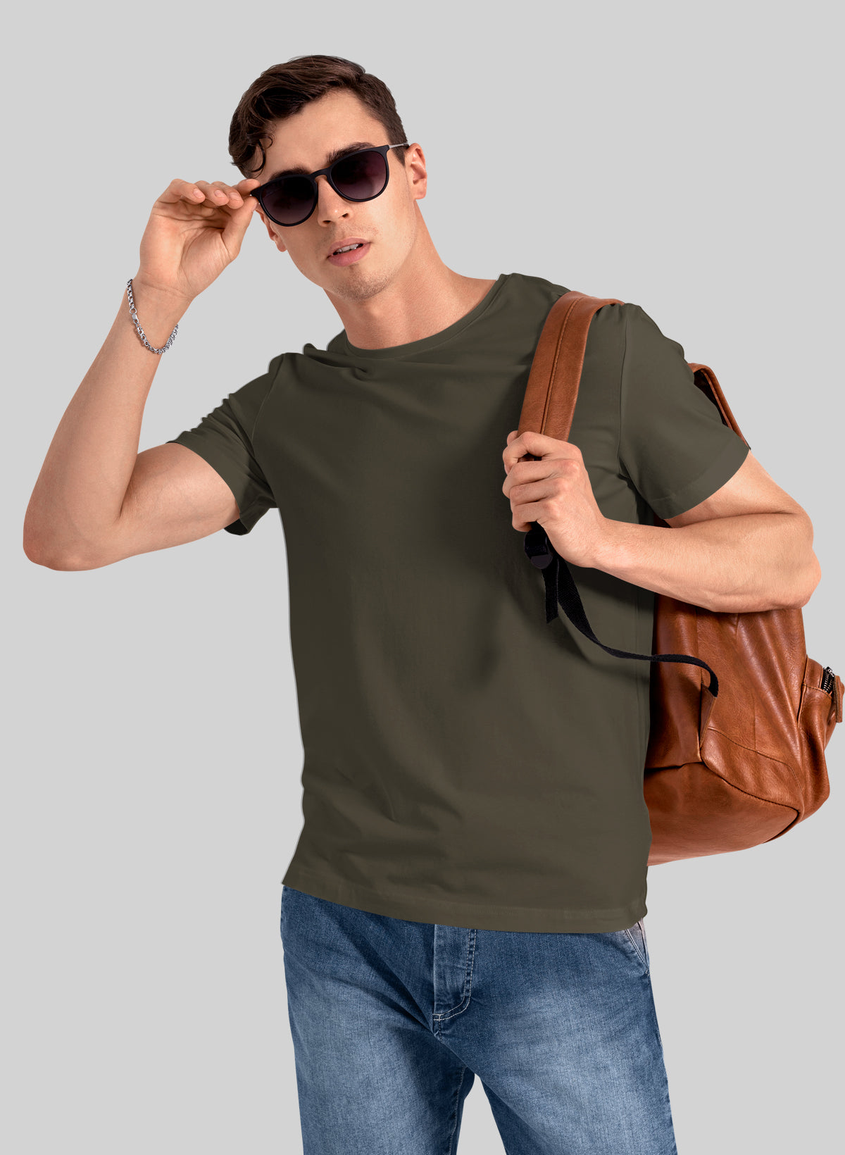 OLIVE GREEN COTTON CREW NECK SOLID T-SHIRT