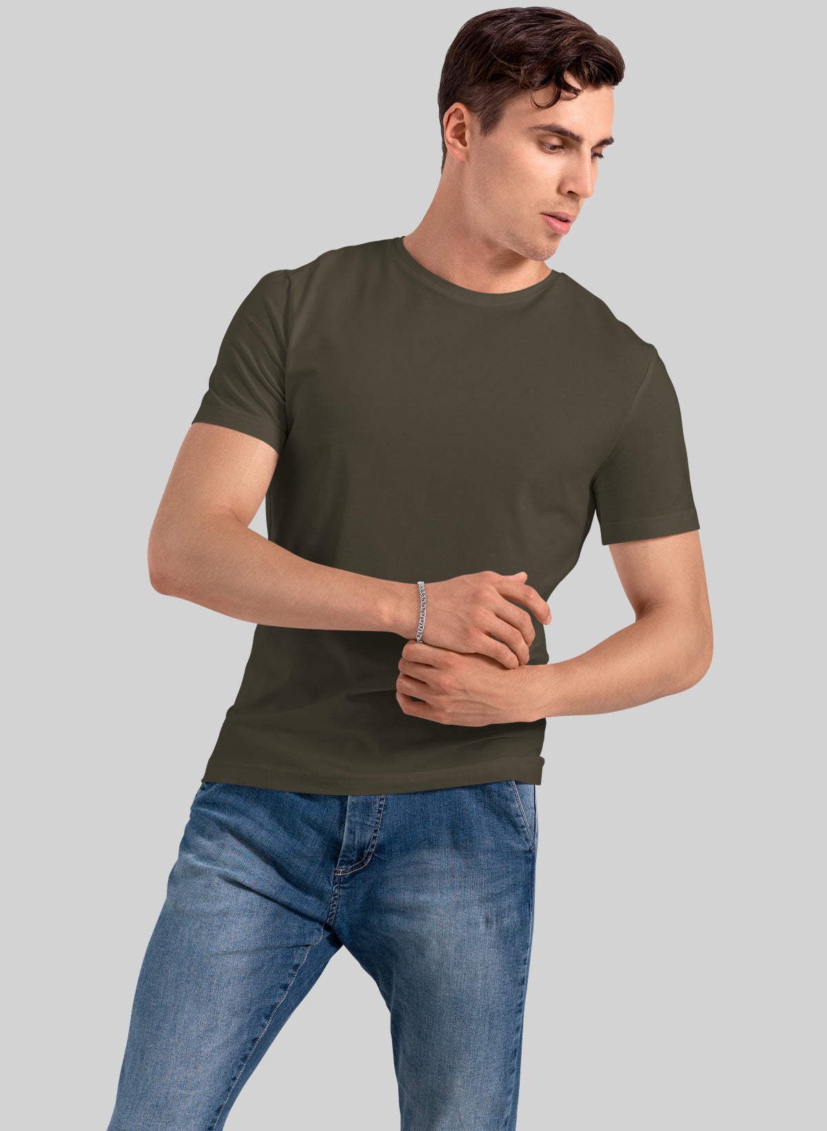 OLIVE GREEN COTTON CREW NECK SOLID T-SHIRT