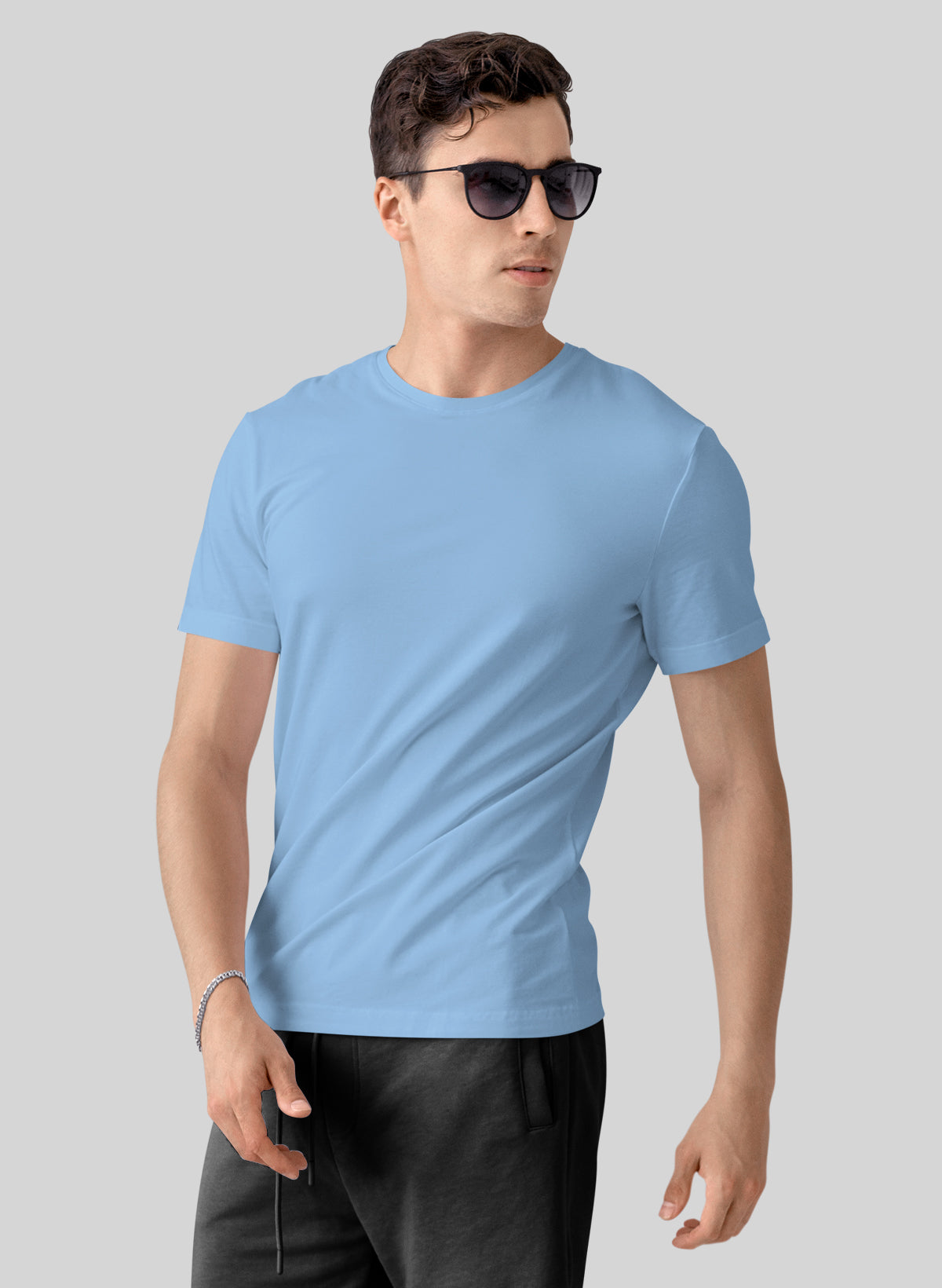 BABY BLUE COTTON CREW NECK SOLID T-SHIRT