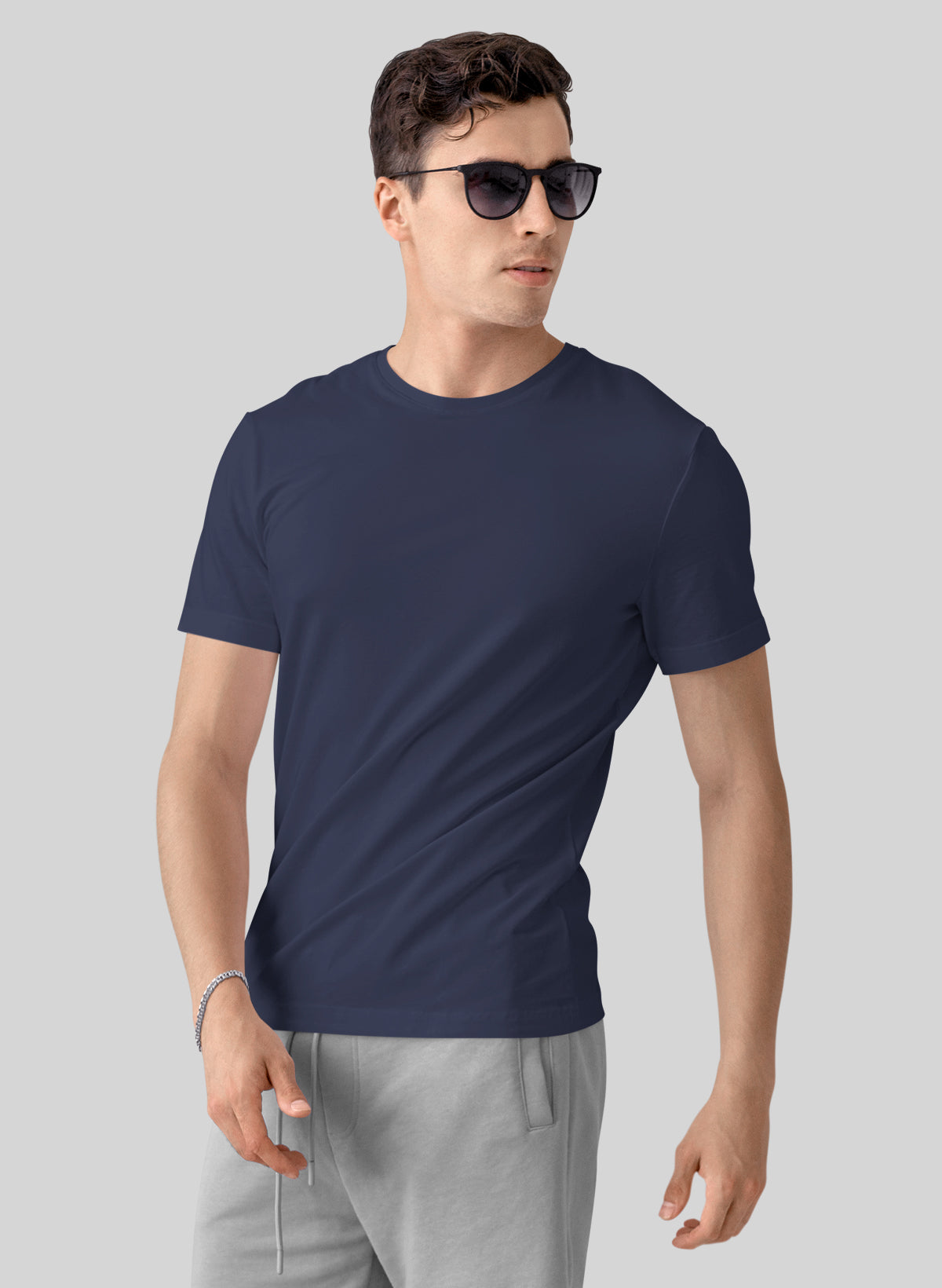 NAVY BLUE COTTON CREW NECK SOLID T-SHIRT