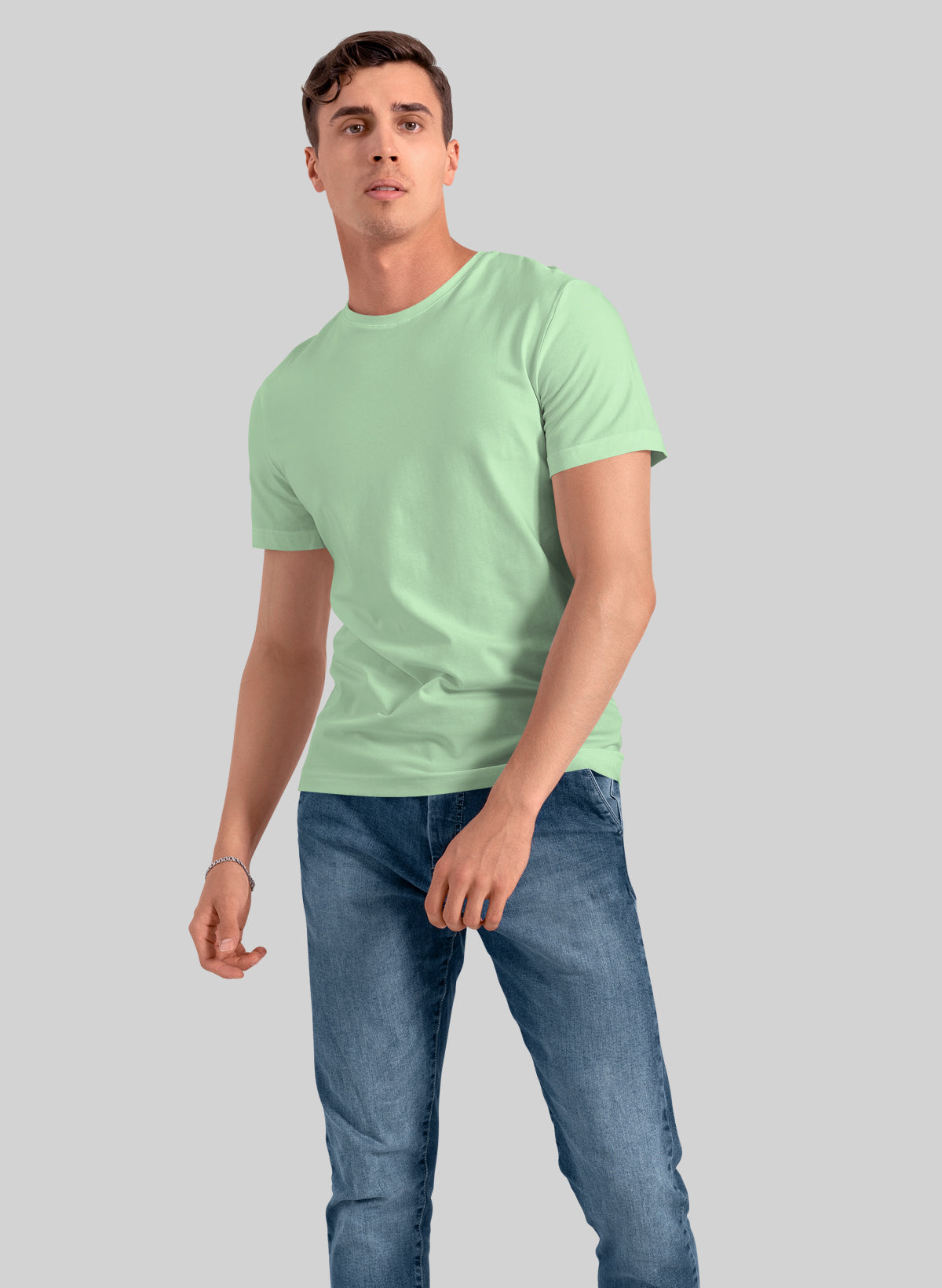 SOFT GREEN COTTON CREW NECK SOLID T-SHIRT