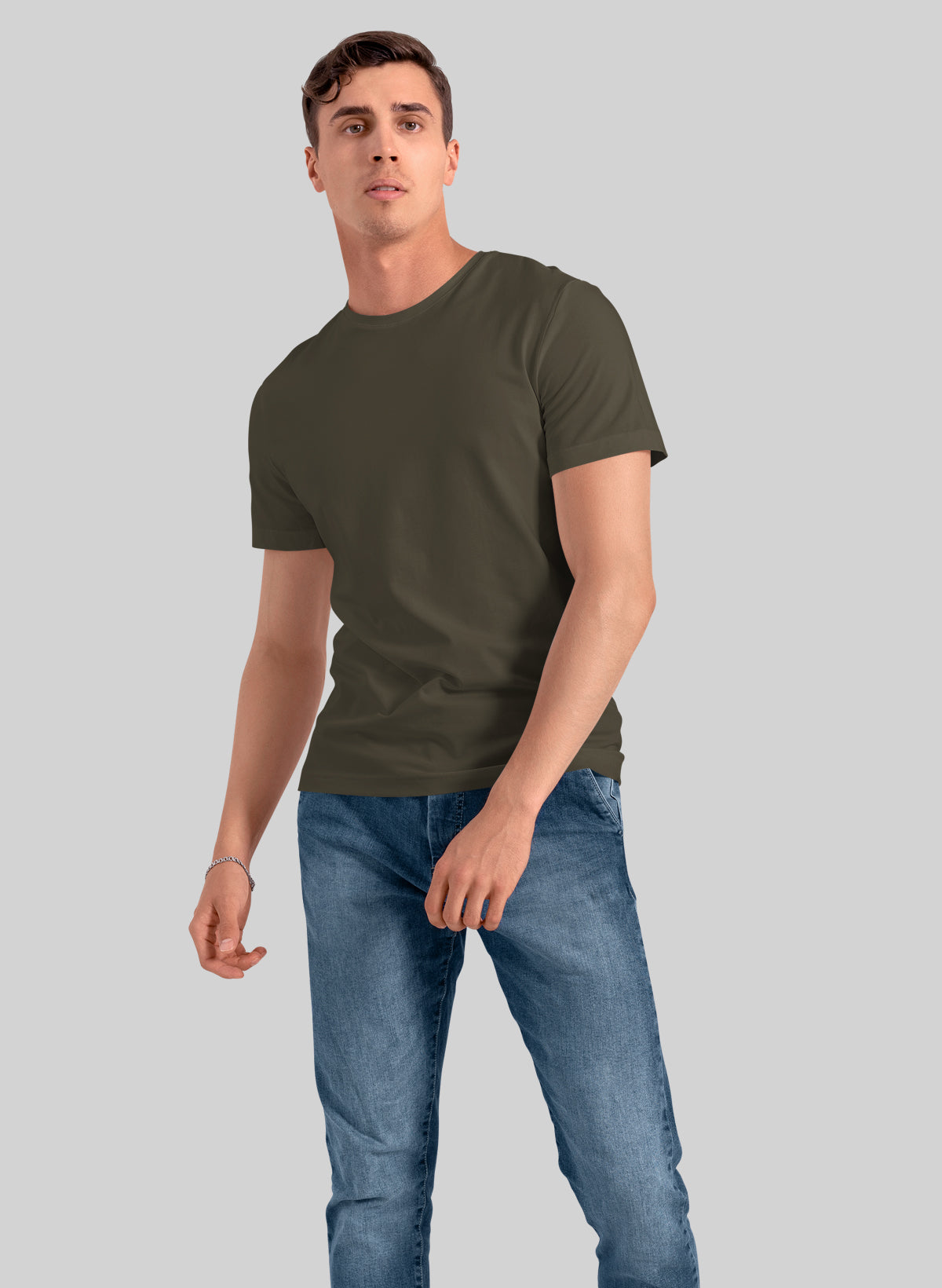 OLIVE GREEN COTTON CREW NECK SOLID T-SHIRT